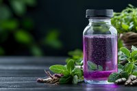 Glass bottle with vibrant purple liquid and fresh mint leaves on dark wooden surface against blurred green background, natural herbal drink concept.