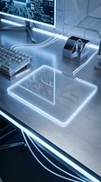 Futuristic office workspace with holographic display, keyboard and mouse on illuminated desk. Modern technology concept for digital innovation and smart workplace design.