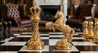 Ornate golden chess pieces king and knight on checkered board in elegant living room with leather furniture and fireplace creating luxury game atmosphere.