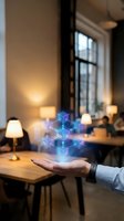 Businessman holding glowing holographic blockchain network above palm in modern coworking space, showcasing digital innovation and data technology.