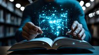 Magical glowing constellation emerges from open book pages with blue light effects, person's hands holding book in dark library atmosphere with bokeh lights.