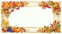 Autumn harvest frame with pumpkins, grapes, and fall foliage in warm tones. Golden border with seasonal produce and leaves. Blank center space for text or design.