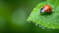 Red ladybug walking on wet green leaf with morning dew drops. Macro nature photography showing water droplets and insect details against blurred background.