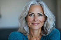 Confident mature woman with silver gray hair and natural smile wearing blue sweater against blurred background, representing aging gracefully and wellness concept.