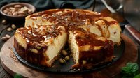 Creamy cheesecake topped with caramel sauce and roasted nuts on wooden board, slice cut to show rich texture, dark moody food photography styling.