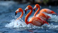 Vibrant coral-colored flamingos splash and play in blue water, creating dynamic motion with water droplets and ripples against dark background. Perfect for nature themes.
