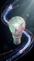 Futuristic crystal lightbulb with flowing digital data streams and glowing particles representing innovation and creative technology solutions for business.