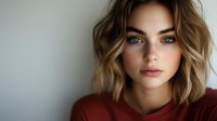 Young Caucasian woman with blue eyes and wavy blonde hair wearing burgundy top against light background, natural makeup look and soft lighting creates intimate portrait.