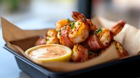Succulent bacon-wrapped shrimp appetizer served with creamy dipping sauce and fresh lemon wedge on brown paper in dark plate, close up view of seafood dish.