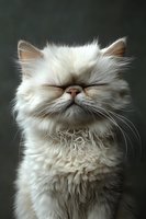 White Persian cat with closed eyes and contented expression against dark background, showcasing luxurious long fur and peaceful demeanor. Perfect for pet care marketing.