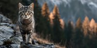 Tabby cat sitting on rocky ledge in mountain forest landscape with evergreen trees and misty background during golden hour lighting for nature wildlife photography.