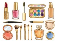 Luxury cosmetics collection featuring red lipstick, pink nail polish, mascara, eyeshadow palette, foundation, eyeliner, makeup brushes, blush, highlighter, and fragrance on white background.