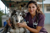 Female veterinarian with stethoscope examining senior dog in clinic. Professional healthcare worker providing medical care and checkup to aging pet animal.