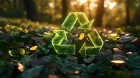 Glowing green recycling symbol on forest floor with autumn leaves at sunset, environmental conservation concept for sustainability awareness and eco-friendly initiatives.