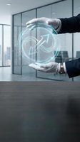Businessman in formal attire holding glowing circular arrow symbol representing sustainability, circular economy, and renewable energy concepts in modern office environment.