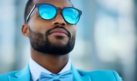 Young African American businessman wearing turquoise suit, bow tie and reflective sunglasses against blurred urban background, confident professional portrait.
