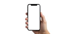 Hand holding modern smartphone with blank white screen isolated on white background for mockup and app presentation purposes.