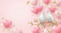 Two white doves perched on golden branch surrounded by pink heart balloons and confetti on soft pink background for romantic celebrations and love themes.