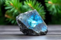 Raw labradorite crystal with bright blue flash and iridescent sheen on dark background, pine branches bokeh, natural mineral specimen for jewelry making.