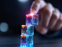 Glowing translucent cubes stacked in creative composition with colorful light effects and bokeh background, hand reaching towards magical crystal blocks.
