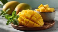 Fresh ripe mango slices in wooden bowl with mint garnish on rustic table. Tropical fruit dessert ready for healthy snacking and culinary presentations.