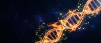 Glowing golden DNA double helix strand with sparkling particles on dark cosmic background, representing genetics and biotechnology.