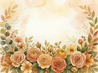 Watercolor floral frame with roses and leaves in warm autumn tones on a beige background, perfect for wedding cards and invitations.