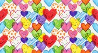 Colorful hand-drawn hearts with cute faces seamless pattern. Cheerful cartoon hearts in rainbow colors with happy expressions for children designs.