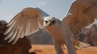Majestic snowy owl with spread wings soaring against desert mountain landscape at sunset, dramatic wildlife scene showcasing power and grace in nature.