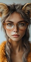 Young woman with freckles wearing trendy orange glasses and fuzzy orange coat, natural makeup, and playful hairstyle with buns looking directly at camera.