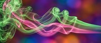 Colorful smoke waves flowing in green and pink hues against vibrant rainbow background creating abstract artistic motion effect for creative designs.