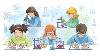 Diverse group of children conducting science experiments in chemistry class with laboratory equipment and molecular symbols background.