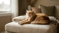 Orange tabby cat yawning while lying on beige couch in sunny living room. Domestic pet relaxing at home with natural window light and cozy interior decor.
