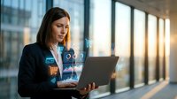Professional businesswoman analyzing digital data charts and graphs on laptop in modern office environment with natural lighting and city view.