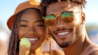 Young African American couple enjoying summer day with ice cream cone, sunglasses reflecting golden sunset light, genuine smiles and romantic mood captured outdoors.
