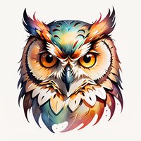 Colorful owl head with fierce orange eyes and vibrant feathers in artistic style on white background, ready for t-shirt design and merchandise use.