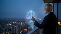 Senior businessman in suit touching holographic justice scales interface on modern office balcony overlooking illuminated city skyline at night.