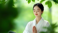 Young Asian woman in white traditional dress meditating peacefully under green leaves with hands clasped in prayer position against soft natural background.