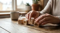 Woman arranging wooden blocks with care symbols on rustic table near window, representing wellness, self-care and mindful living concepts.