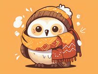 Cute cartoon owl wearing winter knit hat and cozy scarf on orange background, kawaii style character design for stickers and greeting cards.