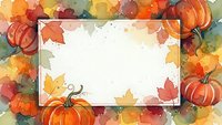 Autumn watercolor frame with orange pumpkins and colorful fall leaves on white background. Seasonal harvest border for thanksgiving greeting cards.