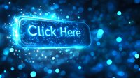 Glowing blue neon click here button with sparkles and bokeh effects on dark background, digital call to action for websites and online marketing.