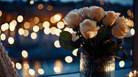 Romantic white roses in crystal vase against blurred bokeh lights background creating magical evening atmosphere. Elegant floral arrangement for special occasions.