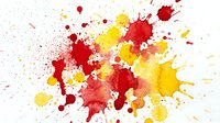Vibrant red and yellow paint splatters explosion on white background. Abstract artistic mess with colorful ink blots and drops for creative design projects.