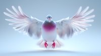 Majestic white dove with spread wings in flight against soft blue background, pink breast feathers glowing, symbolic of peace and spirituality, dramatic lighting.
