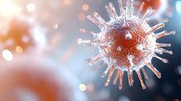 Microscopic virus cell with spike proteins floating in blurred background with bokeh light effects for medical research and healthcare education materials.