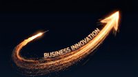 Glowing arrow with business innovation text on dark background, representing growth, progress, and forward momentum for corporate success concepts.