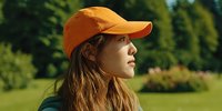 Young woman with long auburn hair wearing bright orange cap gazing thoughtfully across sunny green park landscape.