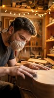 Male craftsman wearing protective mask sanding wooden guitar body in workshop with warm lighting, dust particles visible, suitable for woodworking, craftsmanship, and small business content.