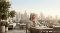 Professional mature Caucasian businesswoman enjoying morning coffee on urban rooftop terrace with city skyline backdrop for corporate lifestyle content.